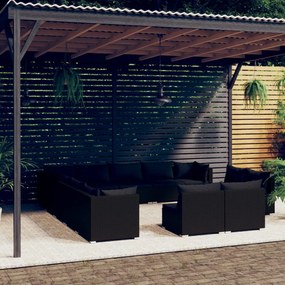 vidaXL 13 pcs conjunto lounge de jardim c/ almofadões vime PE preto