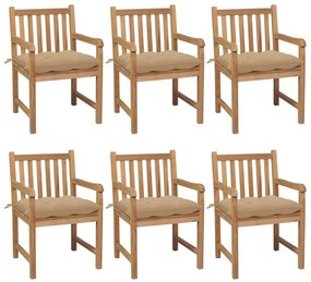 vidaXL Cadeiras de jardim c/ almofadões beges 6 pcs teca maciça