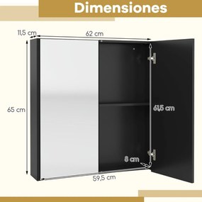 Armário de parede para casa de banho 62 x 65 cm com portas duplas espelhadas e prateleira ajustável preta