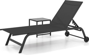 Conjunto de 2 Peças, Tumbona e Mesa Auxiliar de Exterior, 188-164 x 69 x 36-101 cm, Encosto Ajustável em 5 Posições, Preto