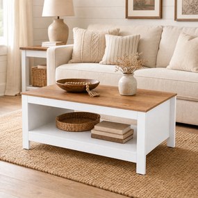 Mesa de Centro, 105 x 60 x 46 cm, Arrumação Dupla, Natural e Branco