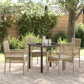 vidaXL Conjunto de Jantar de 5 Peças com Almofadas Bege Rattan Poliéster