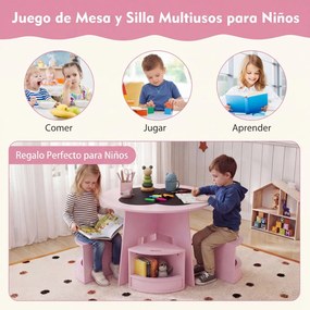 Conjunto de 5 Peças, Mesa Redonda Infantil e 4 Bancos com Arrumação, 70 x 70 x 49 cm, Design Empilhável, cor-de-rosa