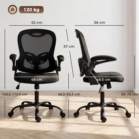 Cadeira de escritório ergonómica, em malha, braços rebatíveis, altura ajustável preta