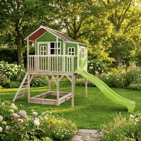 Casa de brincar infantil exterior para crianças Loft 750 em madeira com escorrega e caixa areia - Verde