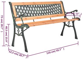 Banco de jardim 116 cm ferro fundido e madeira de abeto maciça