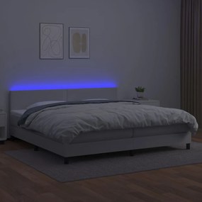 Cama box spring c/colchão/LED 200x200cm couro artificial branco