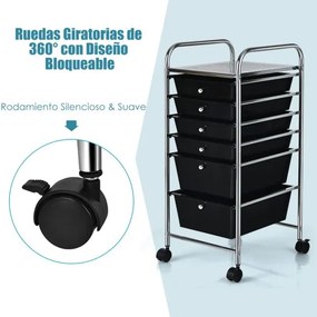 Carrinho com rodas auxiliar de armazenamento com 6 gavetas empilháveis removíveis para cozinha ou escritório 34 x 43,5 x 76 cm Preto