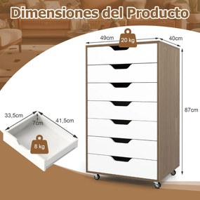 Móvel gavetas para escritório com 7 gavetas 49 x 40 x 87 cm com 4 rodas universais Arquivo vertical de madeira com rodas natural