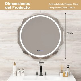 Espelho de casa de banho com LED anti-embaciamento 76 x 76 x 3,5 cm com rebordo biselado com 3 cores de temperatura Inquebrável Função de memória Botã