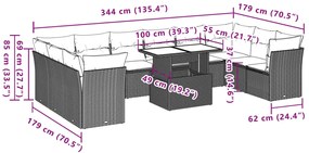 11 pcs conjunto sofás de jardim c/ almofadões vime PE cinzento