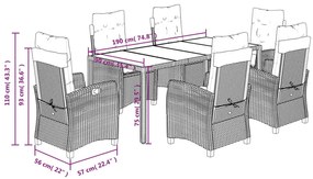 7 pcs conjunto de jantar p/ jardim c/ almofadões vime PE preto