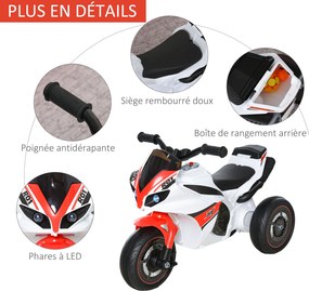 Andarilho de brincar para crianças em forma de moto de corrida, com efeitos musicais e luminosos, e porta-bagagens, vermelho e branco