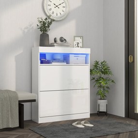 Móvel Sapateira de Entrada com Luzes LED Prateleira Aberta e 2 Gavetas Basculantes para 12-16 Pares 80x24x99,5 cm Branco Brilhante