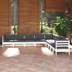 vidaXL 9 pcs conj. lounge de jardim c/ almofadões pinho maciço branco