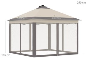 Pérgola Dobrável Exterior 3,3x3,3x2,9 m com Luzes LED e Controle Remoto 4 Mosquiteiras Removíveis e Bolsa de Transporte Bege