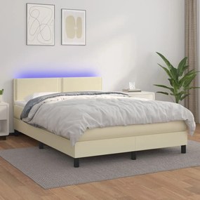 vidaXL Cama box spring c/ colchão/LED 140x190cm couro artificial creme