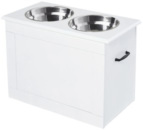 PawHut Comedouro Elevado para Cães com 2 Tigelas de Aço Inoxidável e Espaço de Armazenamento Oculto 60x30x41 cm Branco | Aosom Portugal