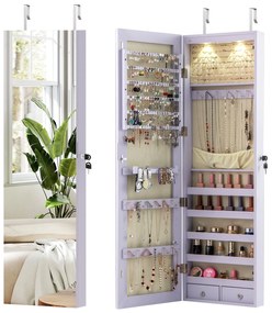 Armário para joias com iluminação LED Prateleira para joias com espelho Armário com espelho com fechadura Bege