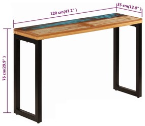 Mesa consola 120x35x76 cm madeira recuperada maciça e aço