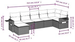 7 pcs conjunto sofás p/ jardim c/ almofadões vime PE cinzento