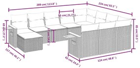 11 pcs conjunto sofás de jardim c/ almofadões vime PE bege