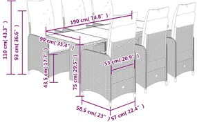 7 pcs conjunto bistrô de jardim c/ almofadões vime PE castanho