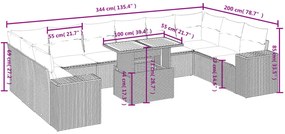 11 pcs conjunto sofás de jardim c/ almofadões vime PE cinzento