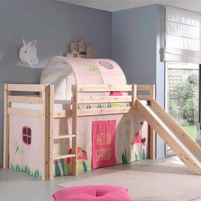 Conjunto Cama alta de Criança PINO 90 x 200 cm + estrado + escada + escorrega + cortina + túnel Primavera Natural