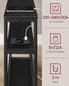 Mesa de cabeçeira ou Mesa de apoio, com 1 tomada e 2 portas USB e 3 prateleiras estreitas 18 x 45 x 58 cm Preto