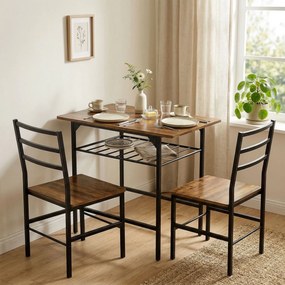 Conjunto de mesa de jantar com 2 cadeiras, mesa de cozinha com cadeiras para 2 pessoas, estrutura em metal, castanho