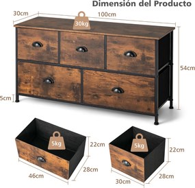 Organizador "Rustico Marrón" com 5 Gavetas de Tecido Dobráveis - 100x3
