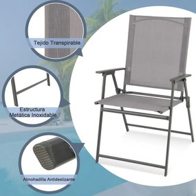 Conjunto de 2 cadeiras de jardim dobráveis com encosto alto Cadeira de jardim exterior portátil em metal de tecido resistente Cinzentas