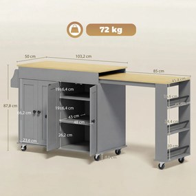 Carrinho, Ilha de Cozinha com Rodas Tampo Extensível Carrinho de Cozinha com 4 Portas Prateleiras Ajustáveis Estante Lateral Aberta Cinza
