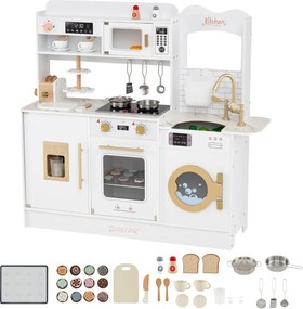 Cozinha de brincar em madeira para crianças 100 x 29,5 x 94 cm com luz, som e vários acessórios, forno micro-ondas e torneira para maiores de 3 anos,