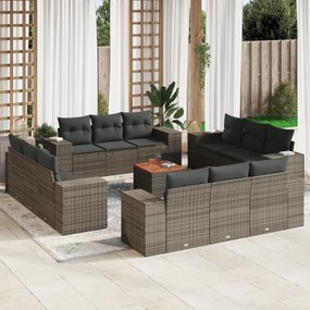 13 pcs conjunto sofás p/ jardim c/ almofadões vime PE cinzento