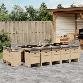 vidaXL 15 pcs conj. jantar jardim c/ almofadões vime PE bege misturado