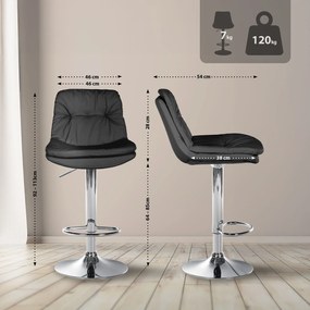 Banco de bar em couro sintético com estrutura prateada 92-113 x 46 x 54 cm preto