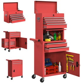 Carrinho de Ferramentas com 6 Gavetas Rodas Painel Lateral Perfurado e Caixa de Ferramentas Desmontável 60,5x33,5x131 cm Vermelho