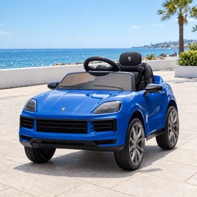 Carro elétrico para crianças Porsche Cayenne 12V com tração traseira – Licença oficial, bateria de lítio, comando remoto 2,4 GHz, leitor MP3, luzes LE