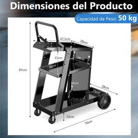 Carrinho de soldagem de 3 níveis 70 x 38 x 87 cm  (MAQUINA NÃO INCLUIDA) com 2 correntes de segurança, rodas giratórias, 2 ganchos laterais e capacida