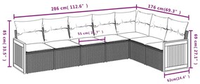 7 pcs conjunto sofás p/ jardim c/ almofadões vime PE cinzento