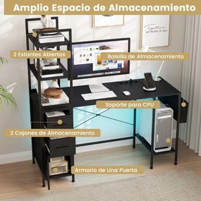 Secretária de escritório : 145 x 50 x 147,5 cm com luzes LED e tomadas elétricas Suporte para CPU e bolso de tecido preto