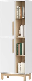 Móvel de casa de banho 62,5 L x 35 P x 176 A cm, móvel de arrumação, 2 portas, 4 compartimentos abertos e prateleiras ajustáveis, branco e natural