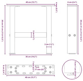 Pés para mesa de centro em aço natural, 2 peças, 40x (30-31) cm, aço