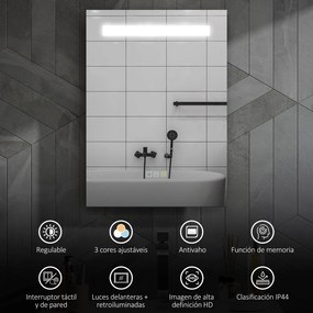 Espelho de Casa de Banho com Luz LED 70x50 cm 3 Cores de Luz Função Antiembaciamento Função de Memória IP44 Prata
