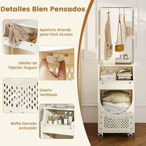 Carro para roupa suja 40 x 30 x 136 cm de 3 níveis com barra para pendurar dobrável com rodas bloqueáveis 8 ganchos para pendurar Bege