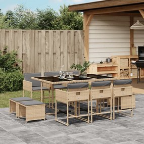 vidaXL 11 pcs conj. jantar jardim c/ almofadões vime PE bege misturado