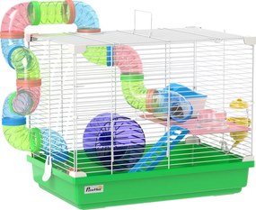 Gaiola para Hamster com Túnel Prato Bebedouro Casinha Rampa Roda de Exercício Bandeja Removível 46x30x37 cm Verde