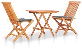 vidaXL Conjunto bistrô c/ almofadões cinzentos 3 pcs teca maciça